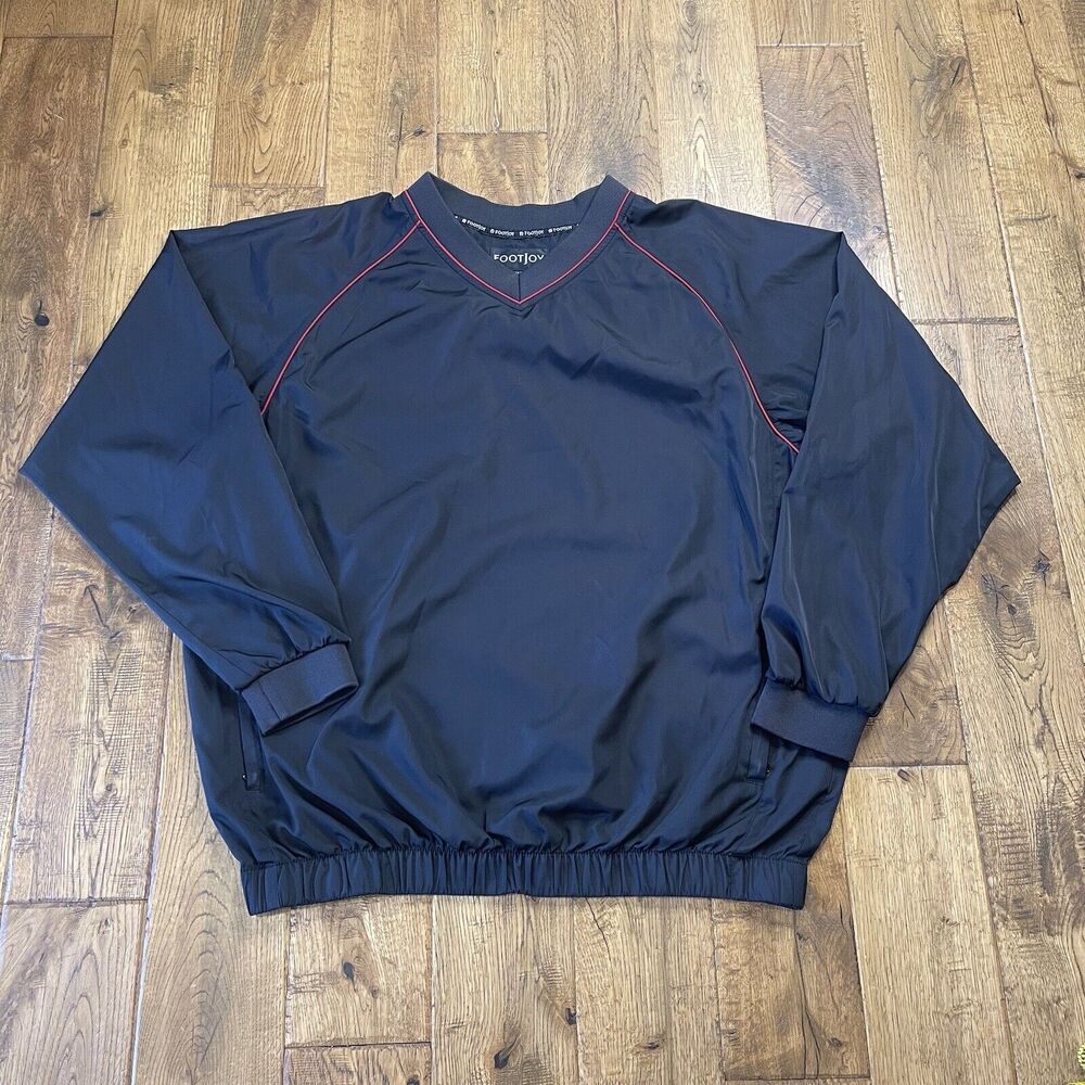 Footjoy FJ Mens L Black Red Trim Long Sleeve V Neck Windbreaker Golf Pullover